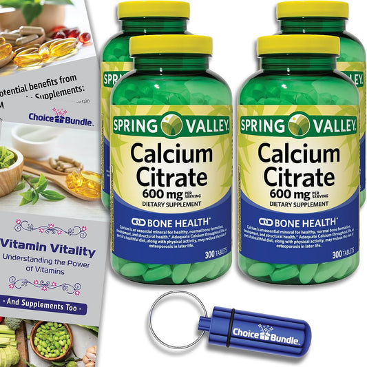 Spring Valley Calcium Citrate Tablets 600 mg - 300 Count x 4 Packs - 1200 Total - Dietary Supplement Bundle with Vitamin Guide and Pill Container - 6 Items in Total