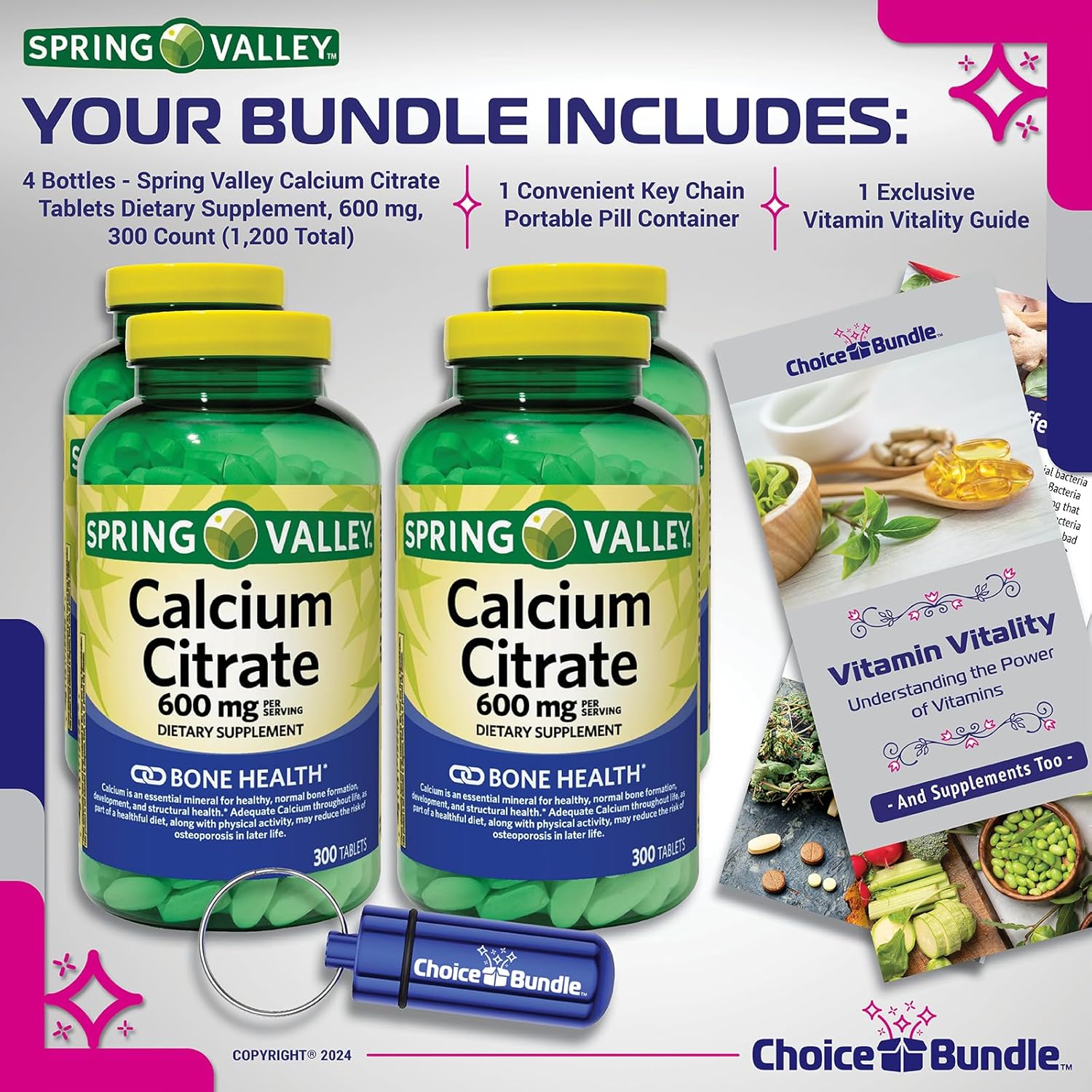 Spring Valley Calcium Citrate Tablets 600 mg - 300 Count x 4 Packs - 1200 Total - Dietary Supplement Bundle with Vitamin Guide and Pill Container - 6 Items in Total
