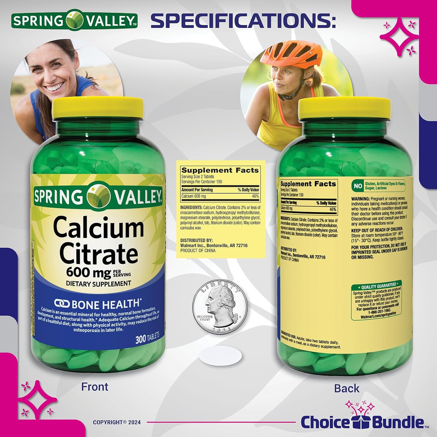 Spring Valley Calcium Citrate Tablets 600 mg - 300 Count x 4 Packs - 1200 Total - Dietary Supplement Bundle with Vitamin Guide and Pill Container - 6 Items in Total