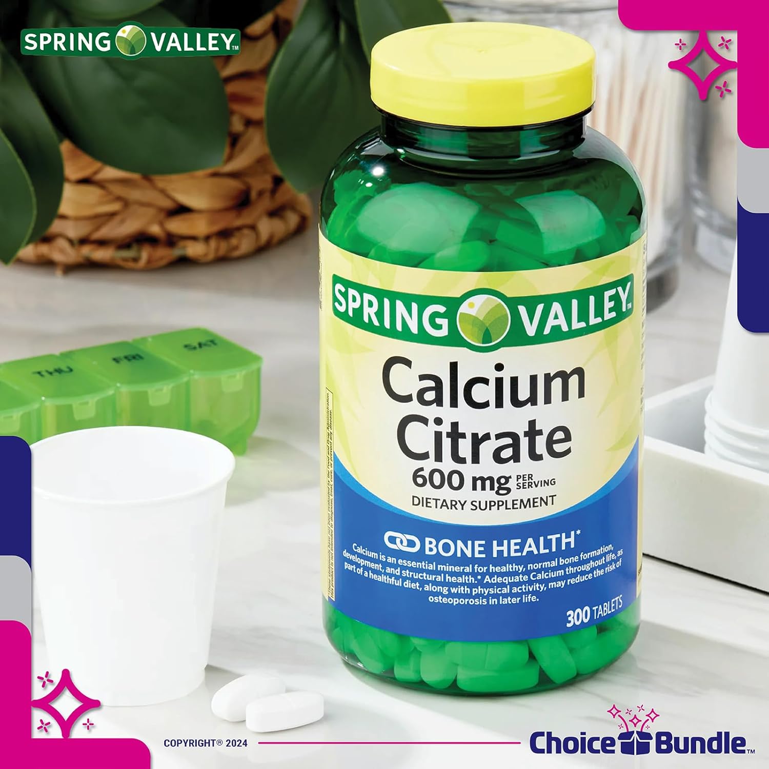 Spring Valley Calcium Citrate Tablets 600 mg - 300 Count x 4 Packs - 1200 Total - Dietary Supplement Bundle with Vitamin Guide and Pill Container - 6 Items in Total