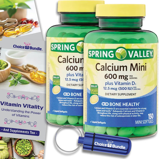 Spring Valley Calcium Plus Vitamin D3 Supplement Bundle - 2 Packs of 150 Mini Softgels + "Vitamin Vitality" Guide & Pill Container (300 Total)