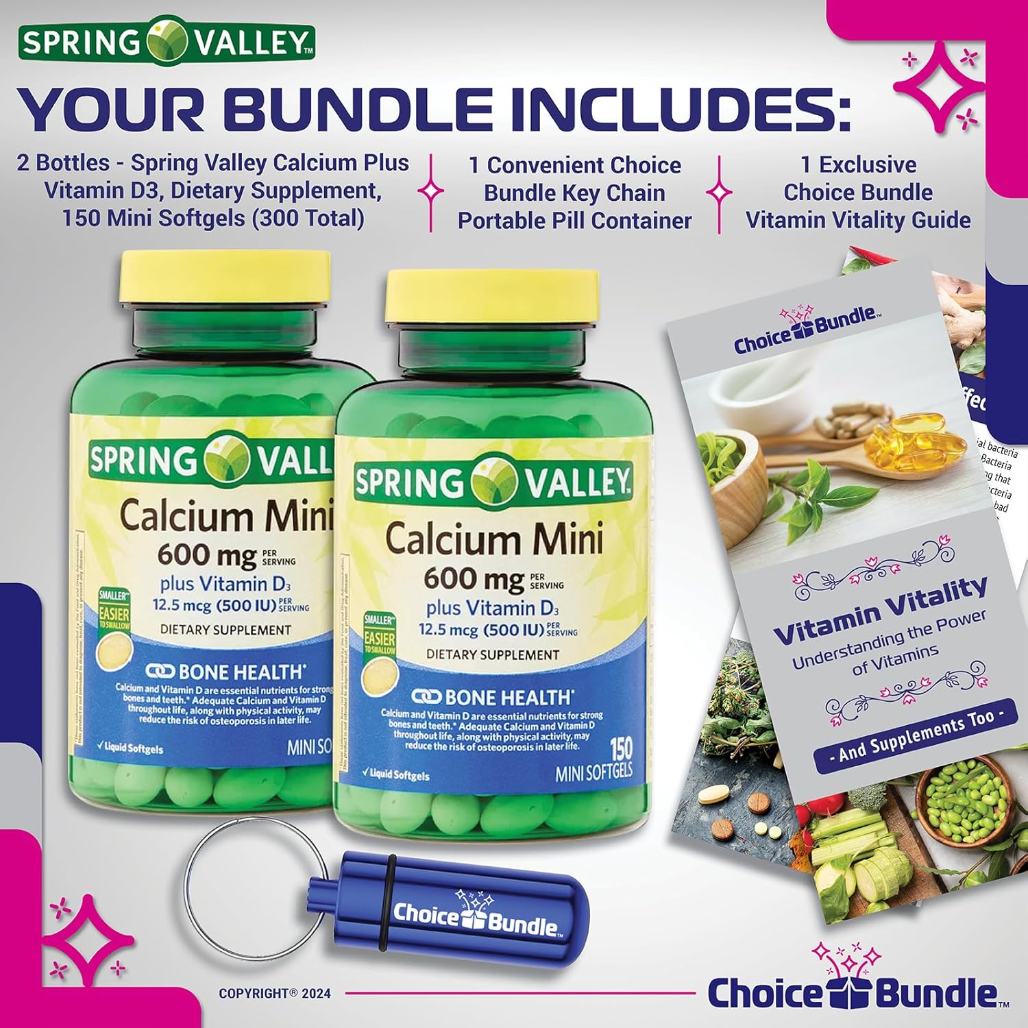 Spring Valley Calcium Plus Vitamin D3 Supplement Bundle - 2 Packs of 150 Mini Softgels + "Vitamin Vitality" Guide & Pill Container (300 Total)