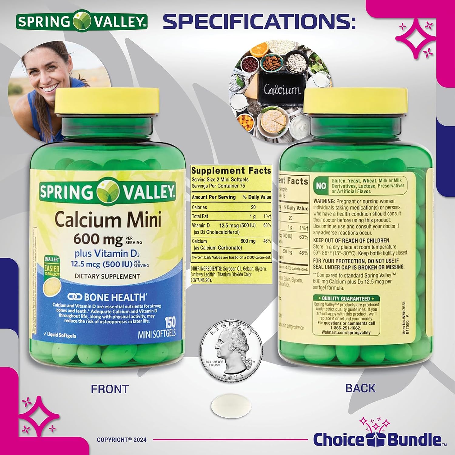 Spring Valley Calcium Plus Vitamin D3 Supplement Bundle - 2 Packs of 150 Mini Softgels + "Vitamin Vitality" Guide & Pill Container (300 Total)
