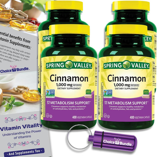 Spring Valley Cinnamon Dietary Supplement 1000mg 400 ct Vegetarian Capsules Bundle with Vitamin Vitality Guide & Pill Container (1600 Total)