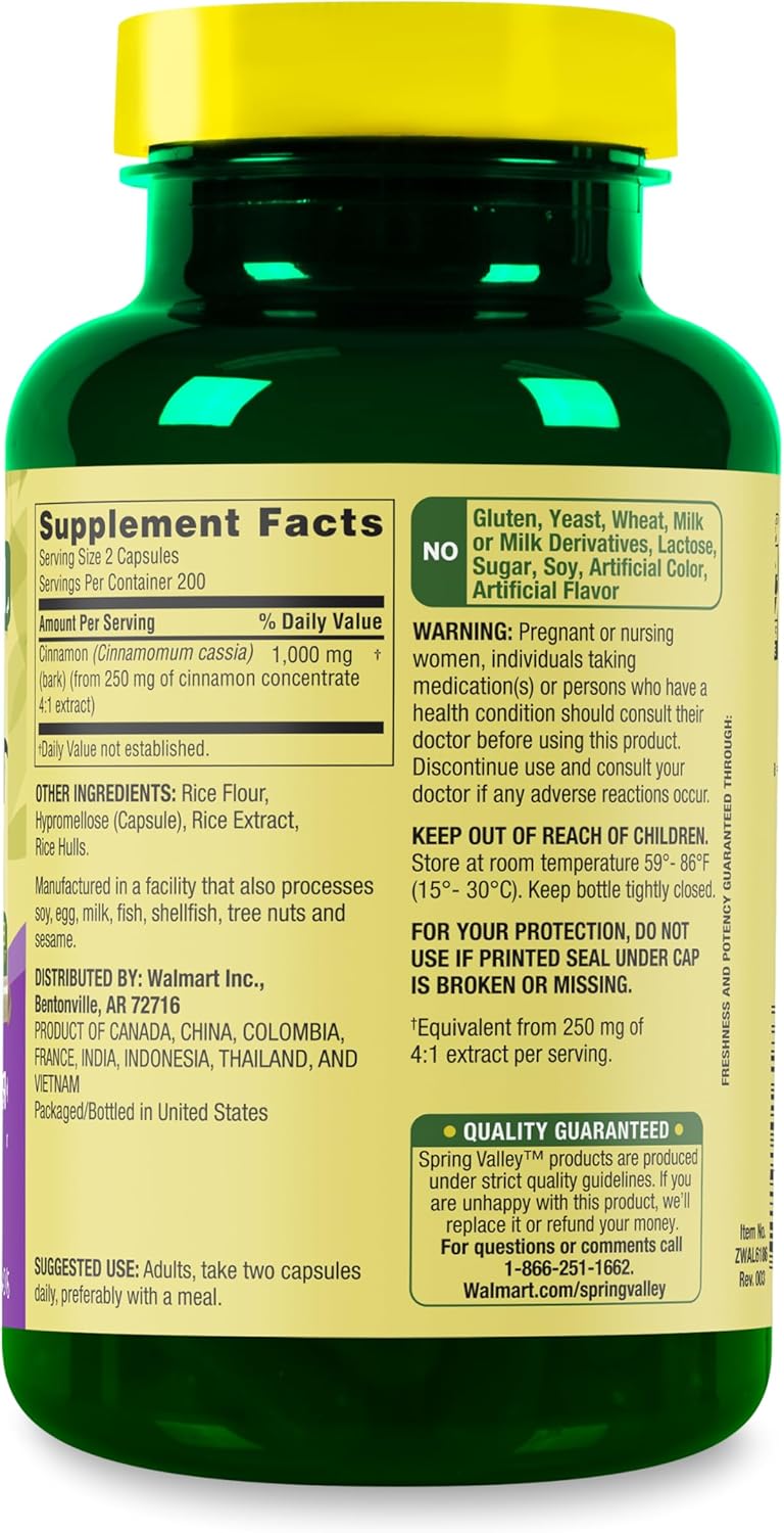 Spring Valley Cinnamon Dietary Supplement 1000mg 400 Count - Cinnamon Capsules for Health Support