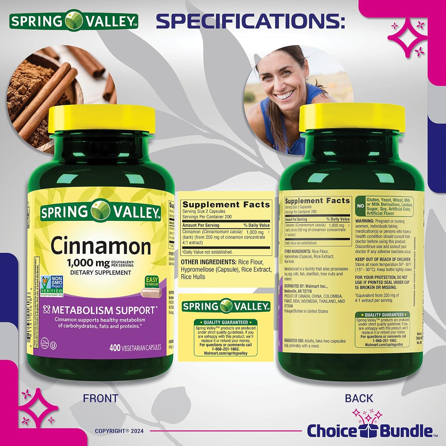 Spring Valley Cinnamon Dietary Supplement 1000mg 400 ct Vegetarian Capsules Bundle with Vitamin Vitality Guide & Pill Container (1600 Total)