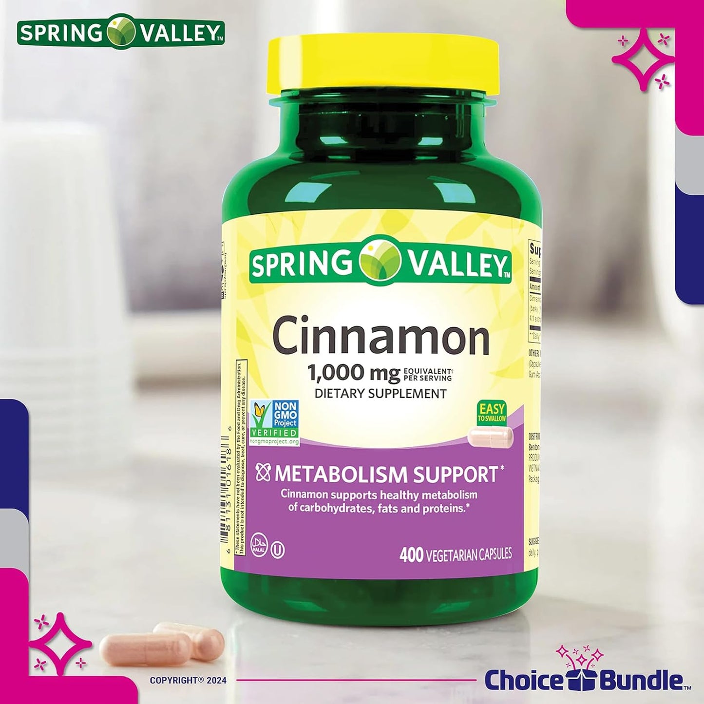 Spring Valley Cinnamon Dietary Supplement 1000mg 400 ct Vegetarian Capsules Bundle with Vitamin Vitality Guide & Pill Container (1600 Total)