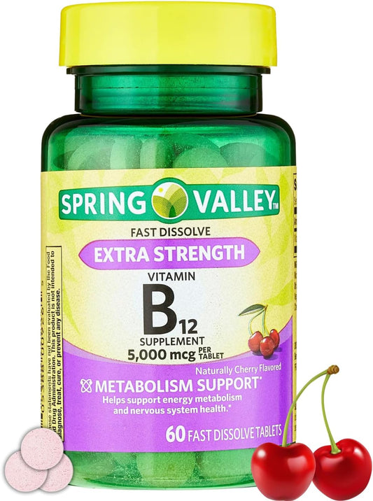 Spring Valley Extra Strength Vitamin B12 Fast Dissolve Tablets - Cherry Flavor, 5,000 mcg, 60 Count