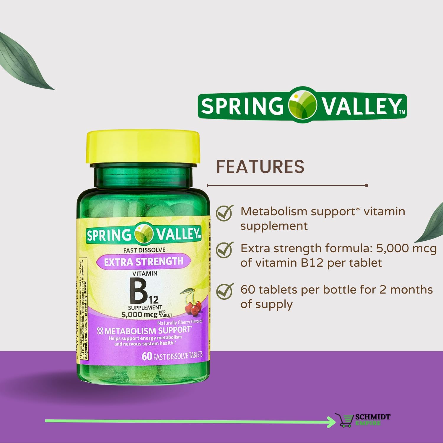 Spring Valley Extra Strength Vitamin B12 Fast Dissolve Tablets - Cherry Flavor, 5,000 mcg, 60 Count