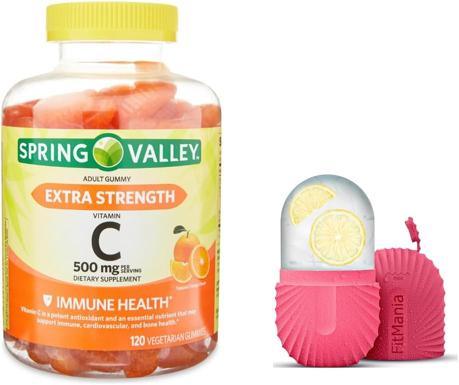 Spring Valley Extra Strength Vitamin C Gummies, 500 mg, 120 Ct + Gift Ice Roller - Vegetarian Dietary Supplement
