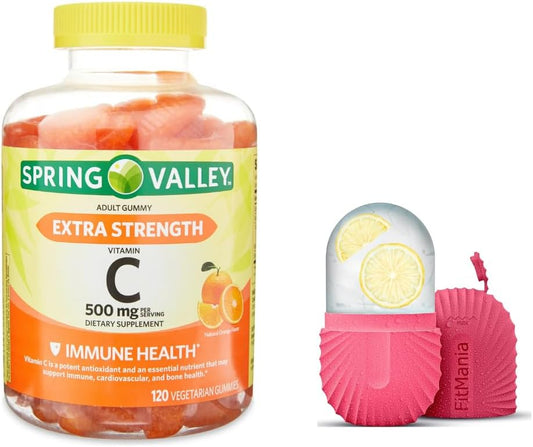Spring Valley Extra Strength Vitamin C Gummies, 500 mg, 120 Ct + Gift Ice Roller - Vegetarian Dietary Supplement