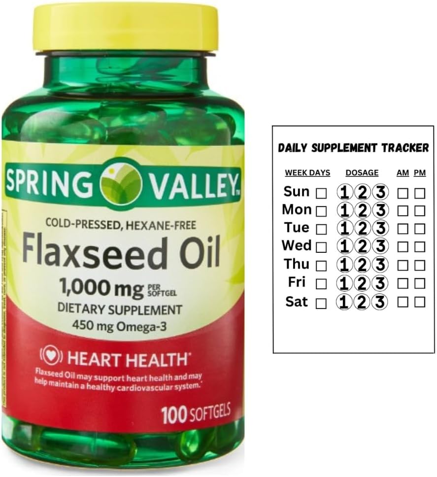 Spring Valley Flaxseed Oil Softgels 1,000mg, 100 Count with Daily Supplement Tracker Sticker