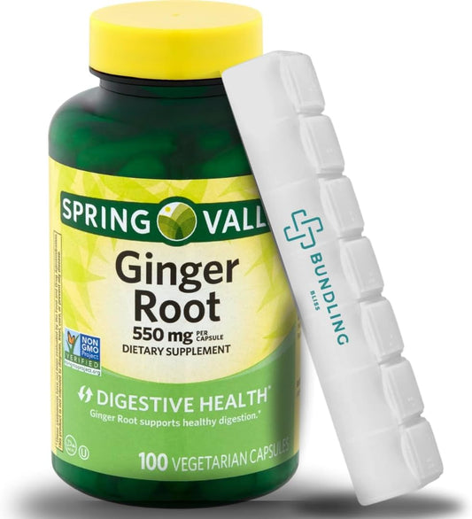 Spring Valley Ginger Root 550mg Capsules with 7 Day Pill Organizer - 100 Count Dietary Supplement Pack