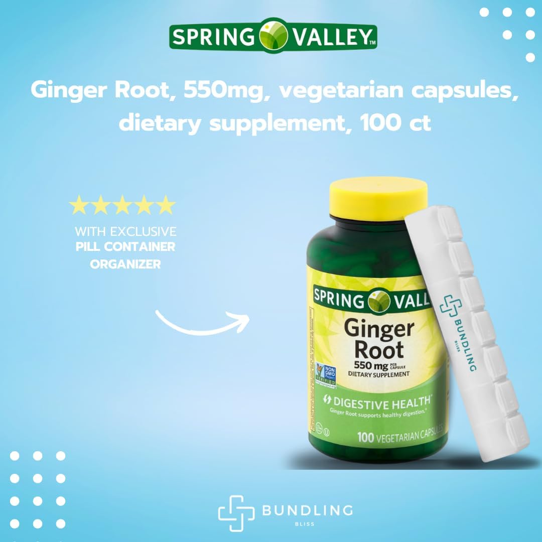 Spring Valley Ginger Root 550mg Capsules with 7 Day Pill Organizer - 100 Count Dietary Supplement Pack