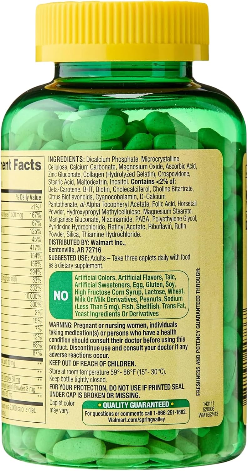 Spring Valley Hair Skin and Nails Vitamins Caplets Dietary Supplement 240 Count Pack