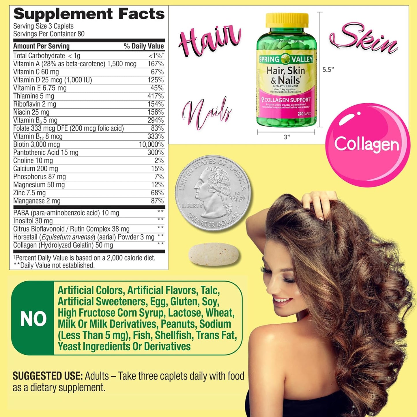 Spring Valley Hair Skin and Nails Vitamins Caplets Dietary Supplement 240 Count Pack
