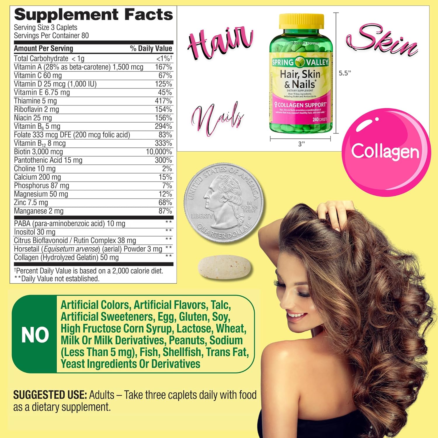 Spring Valley Hair Skin and Nails Vitamins Caplets Dietary Supplement 240 Count Pack