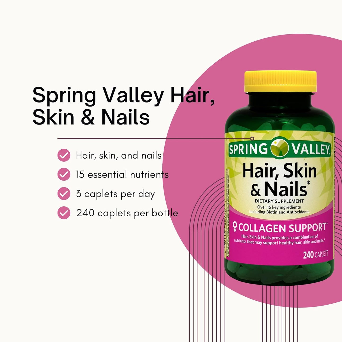 Spring Valley Hair Skin and Nails Vitamins Caplets Dietary Supplement 240 Count Pack