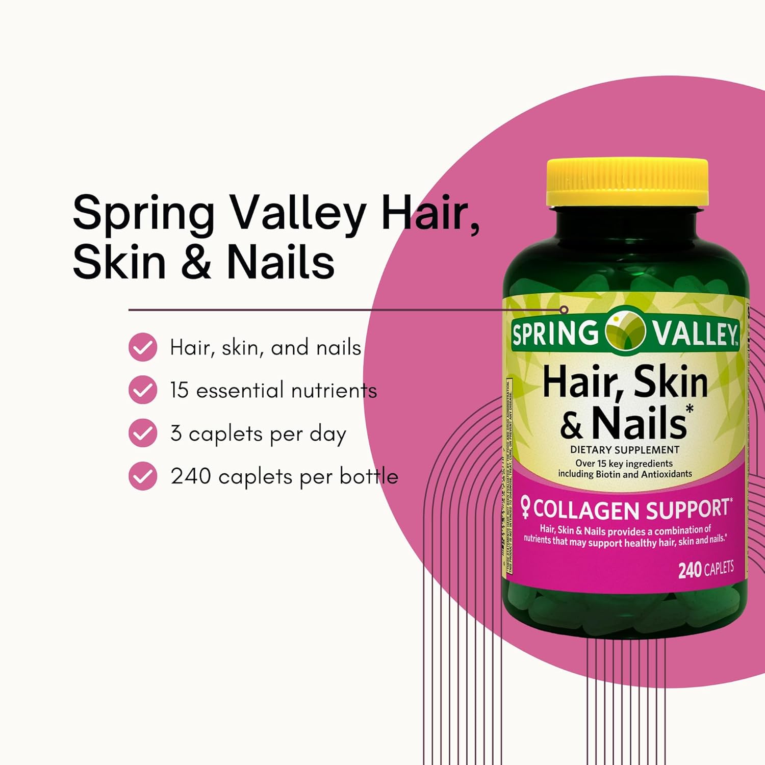 Spring Valley Hair Skin and Nails Vitamins Caplets Dietary Supplement 240 Count Pack