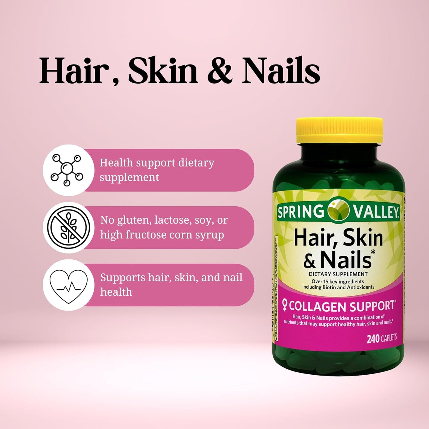 Spring Valley Hair Skin and Nails Vitamins Caplets Dietary Supplement 240 Count Pack