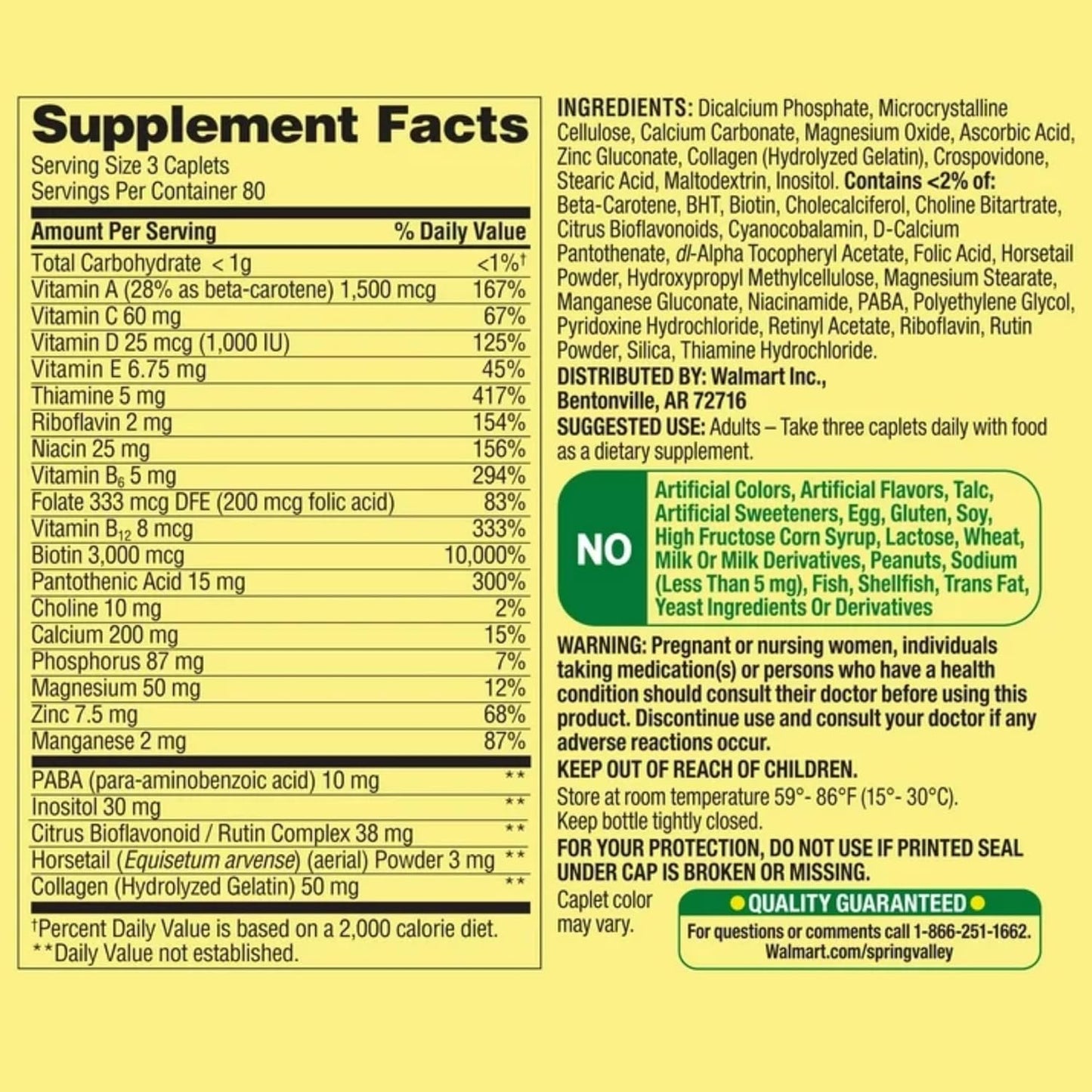 Spring Valley Hair Skin and Nails Vitamins Caplets Dietary Supplement 240 Count Pack