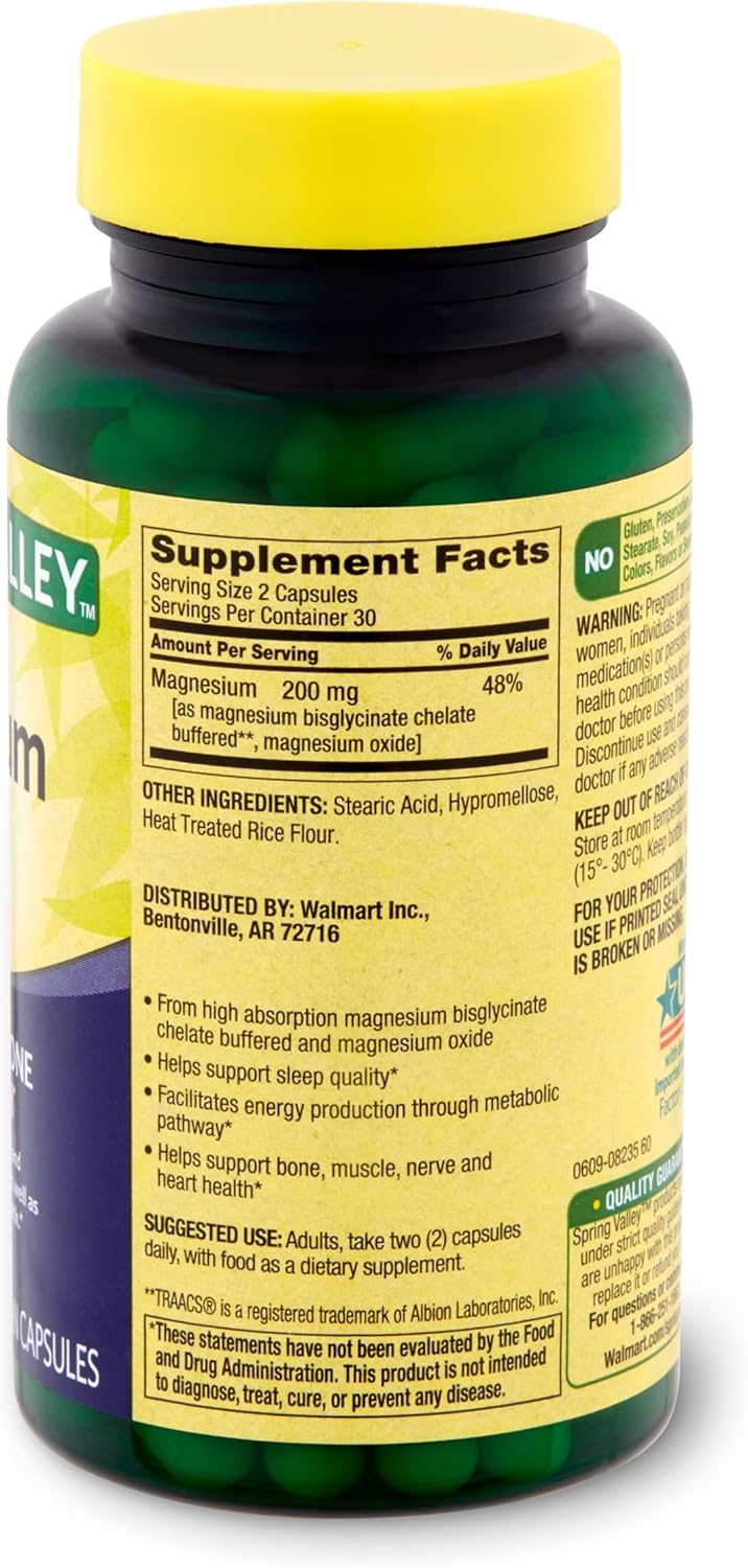 Spring Valley Magnesium Sleep Support Dietary Supplement Capsules - 200 mg, 60 Count - Bone & Muscle Health - Vegetarian Formula - Gift Card Included