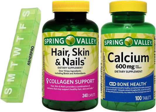 Spring Valley Menopause Essentials Bundle: Hair, Skin & Nails + Calcium Tablets (240 Caplets & 100 Tablets) with Pill Organizer - Save 10%!