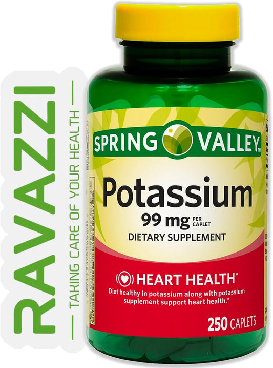 Spring Valley Potassium Dietary Supplement Caplets for Heart Health, 99 mg, 250 Count with Ravazzii Sticker
