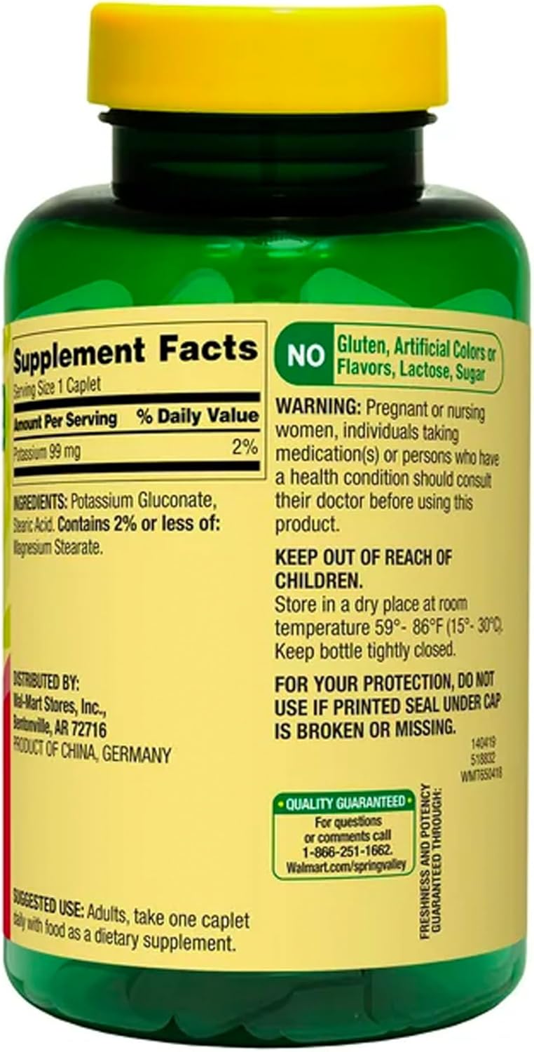 Spring Valley Potassium Dietary Supplement Caplets for Heart Health, 99 mg, 250 Count with Ravazzii Sticker