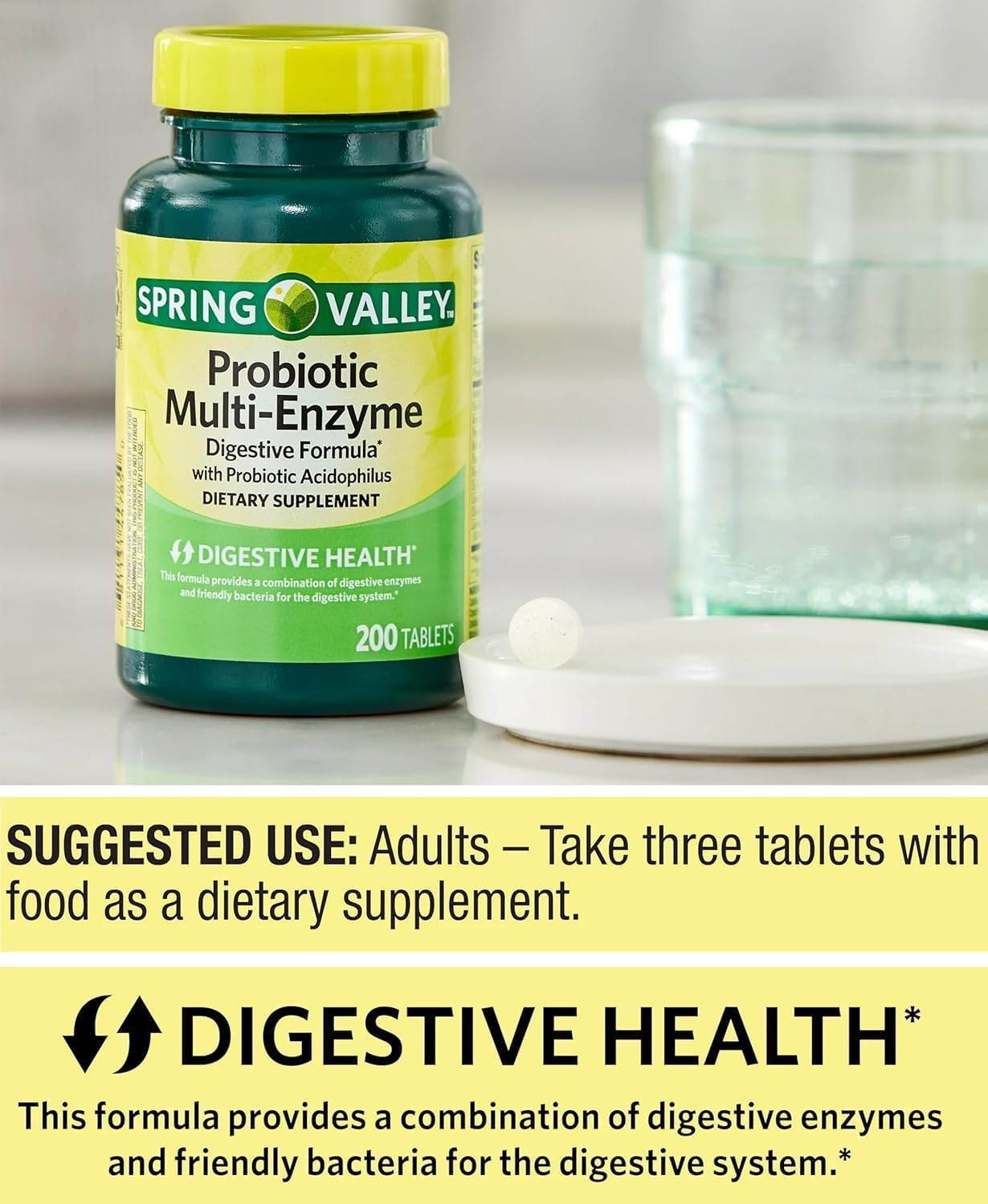 Spring Valley Probiotic Supplement with Digestive Enzymes - 200 Tablets for Men and Women - Supports Gut Health and Digestion with Acidophilus and Prebiotics