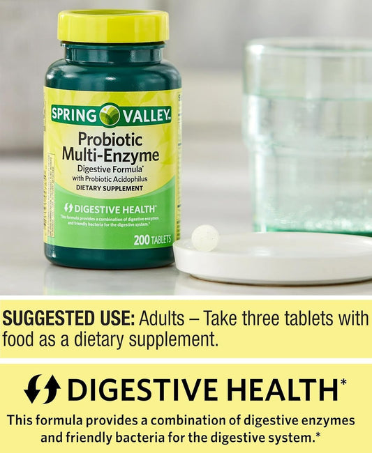 Spring Valley Probiotic Supplement with Digestive Enzymes - 200 Tablets for Men and Women - Supports Gut Health and Digestion with Acidophilus and Prebiotics