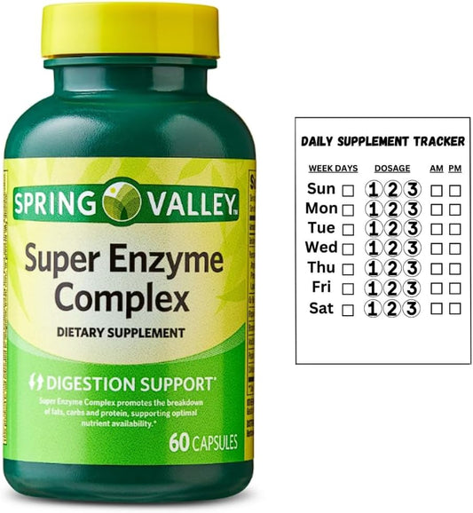 Spring Valley Super Enzyme Complex Dietary Supplement for Digestive Support with 60 Capsules + Daily Tracker Sticker