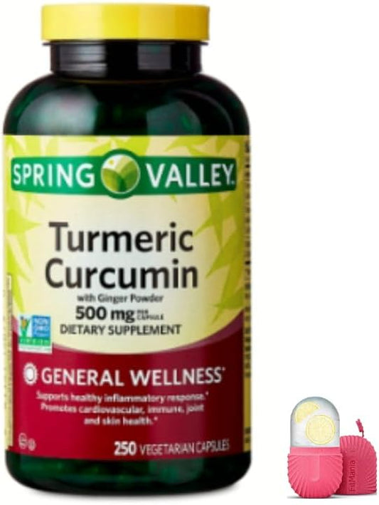 Spring Valley Turmeric Curcumin with Ginger Powder Capsules - 250 Count Dietary Supplement for General Wellness + Ice Roller Gift