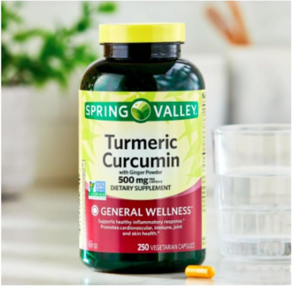 Spring Valley Turmeric Curcumin with Ginger Powder Capsules - 250 Count Dietary Supplement for General Wellness + Ice Roller Gift