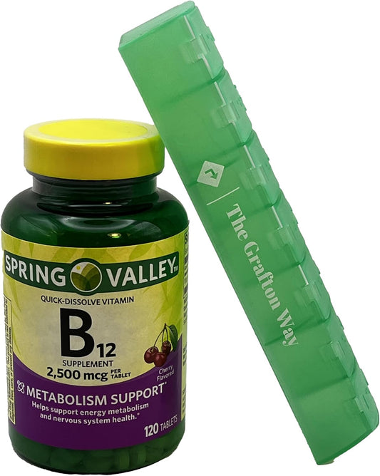 Spring Valley Vitamin B12 Quick-Dissolve Tablets - 2,500 Mcg Cherry Flavor - 120 Count + Pill Organizer