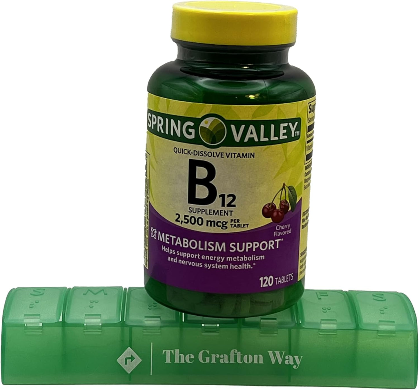 Spring Valley Vitamin B12 Quick-Dissolve Tablets - 2,500 Mcg Cherry Flavor - 120 Count + Pill Organizer