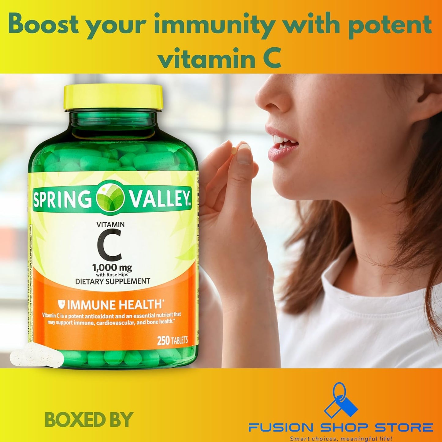 Spring Valley Vitamin C 1000mg with Rose Hips - 250 Tablets Dietary Supplement by Fusion Shop Store