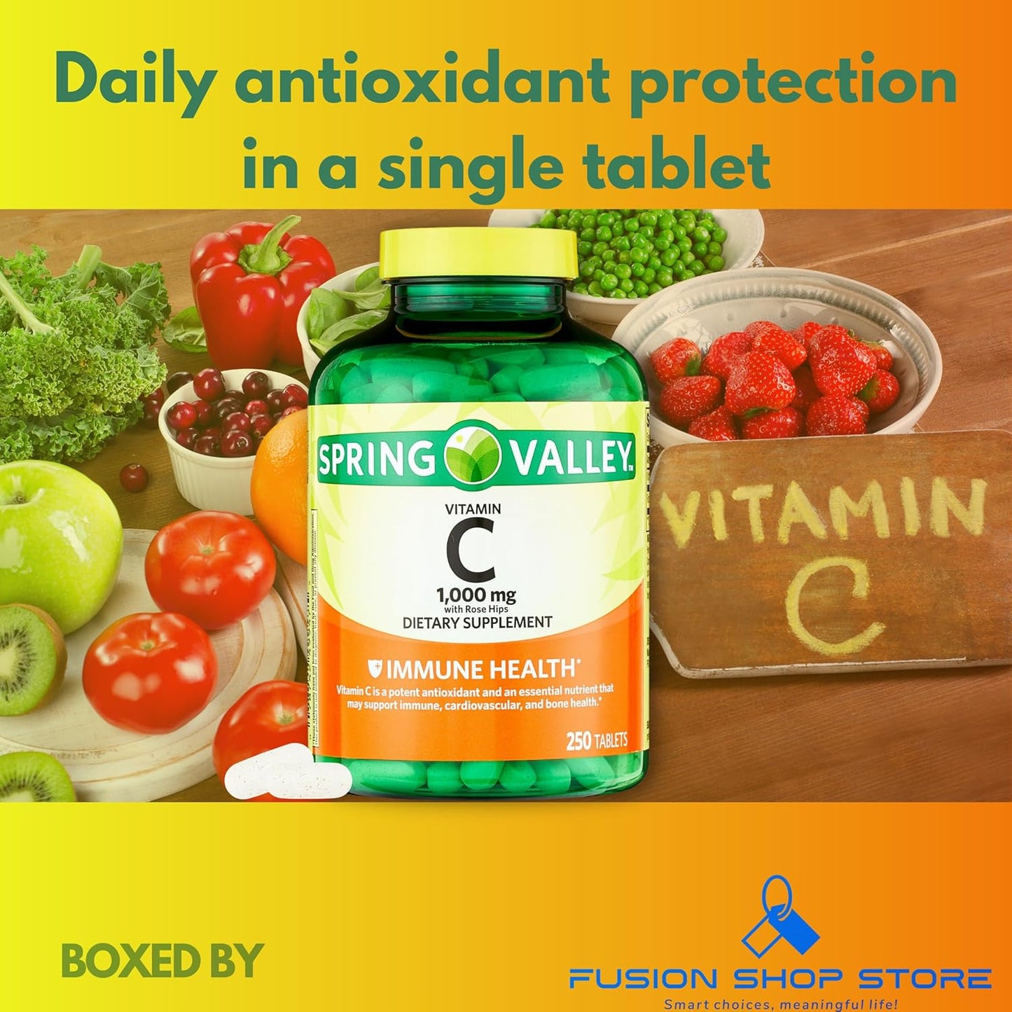 Spring Valley Vitamin C 1000mg with Rose Hips - 250 Tablets Dietary Supplement by Fusion Shop Store