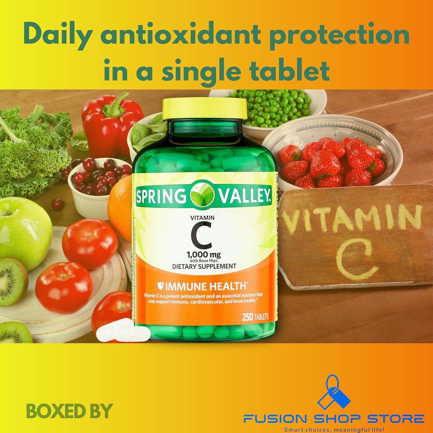 Spring Valley Vitamin C 1000mg with Rose Hips - 250 Tablets Dietary Supplement by Fusion Shop Store