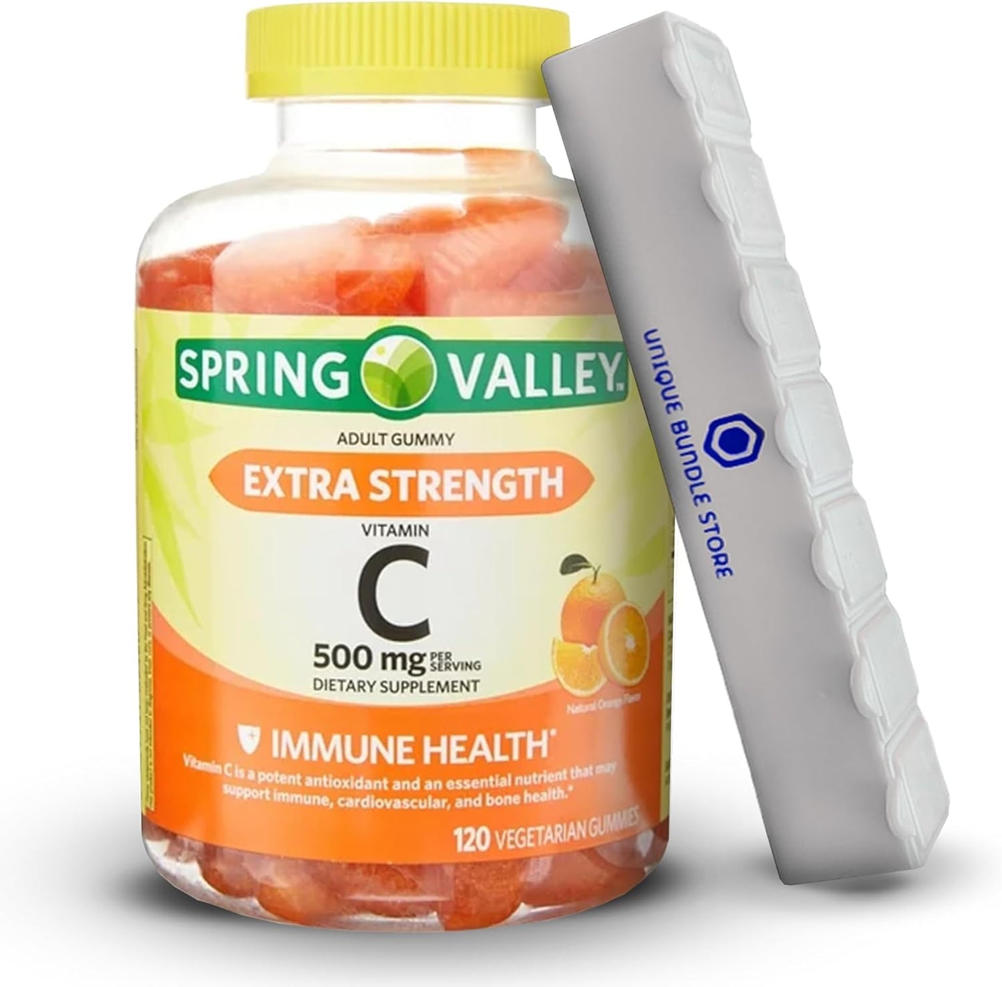 Spring Valley Vitamin C Gummies 500mg Orange Flavor 120 Count + 7 Day Pill Organizer - Immune Health Supplement for Vegetarians