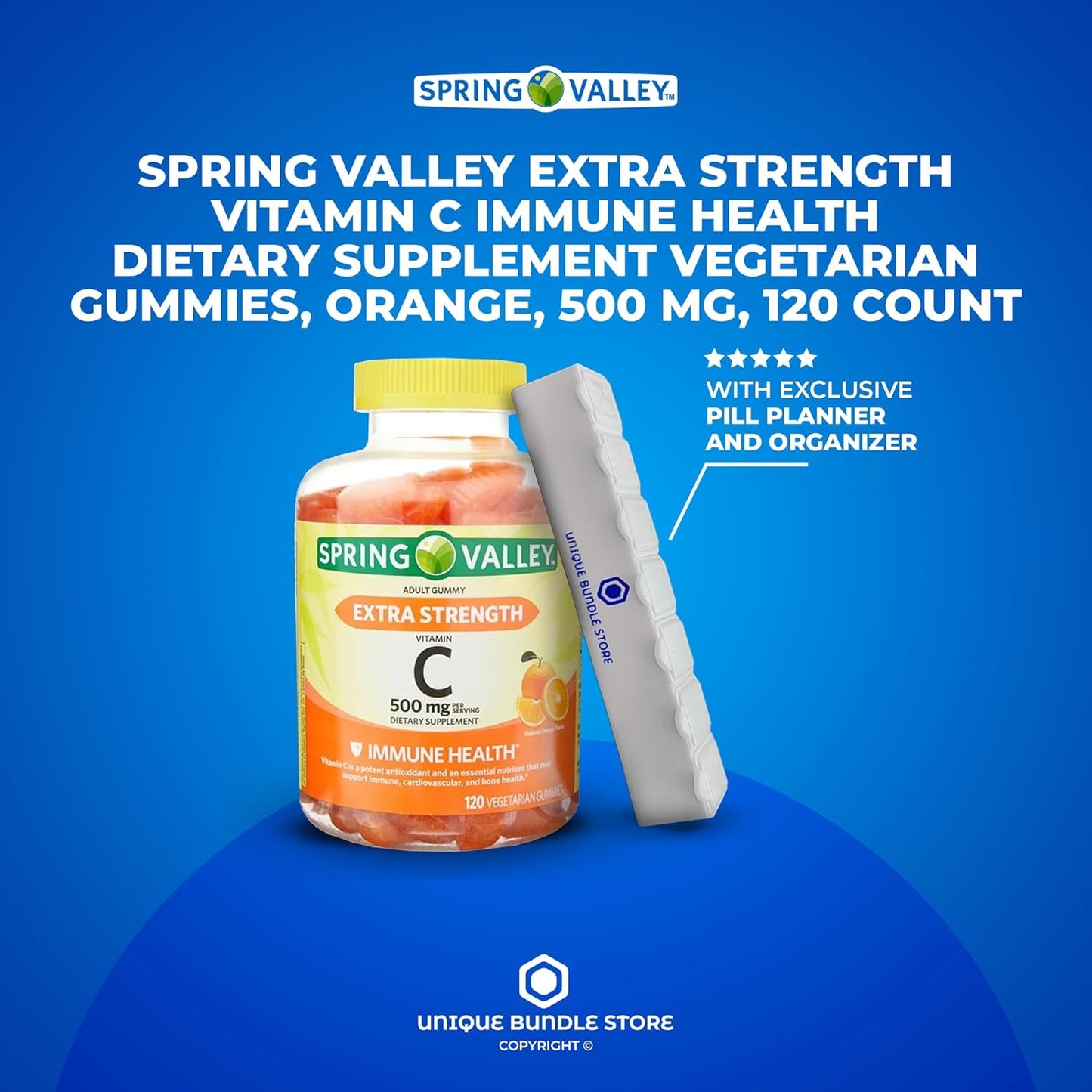 Spring Valley Vitamin C Gummies 500mg Orange Flavor 120 Count + 7 Day Pill Organizer - Immune Health Supplement for Vegetarians