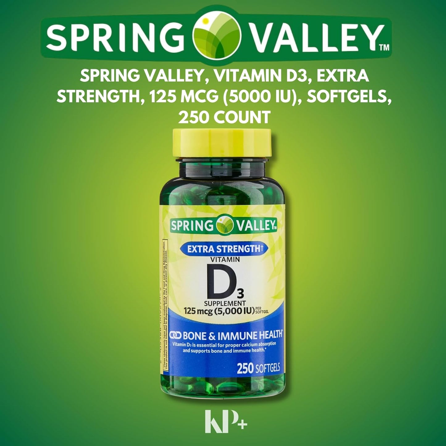Spring Valley Vitamin D3 Softgels 125MCG 5000 IU, 250 Count with Free KP+ Sticker
