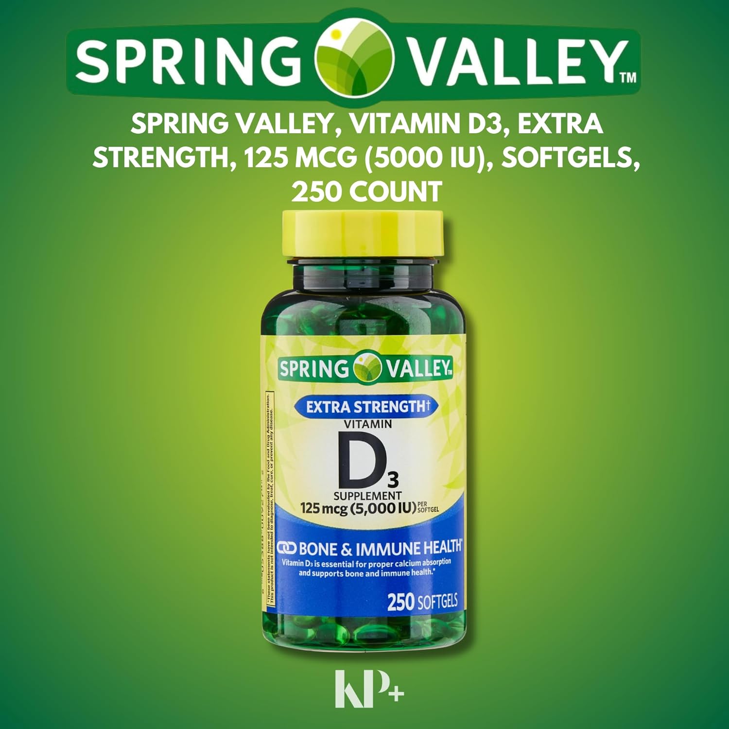 Spring Valley Vitamin D3 Softgels 125MCG 5000 IU, 250 Count with Free KP+ Sticker