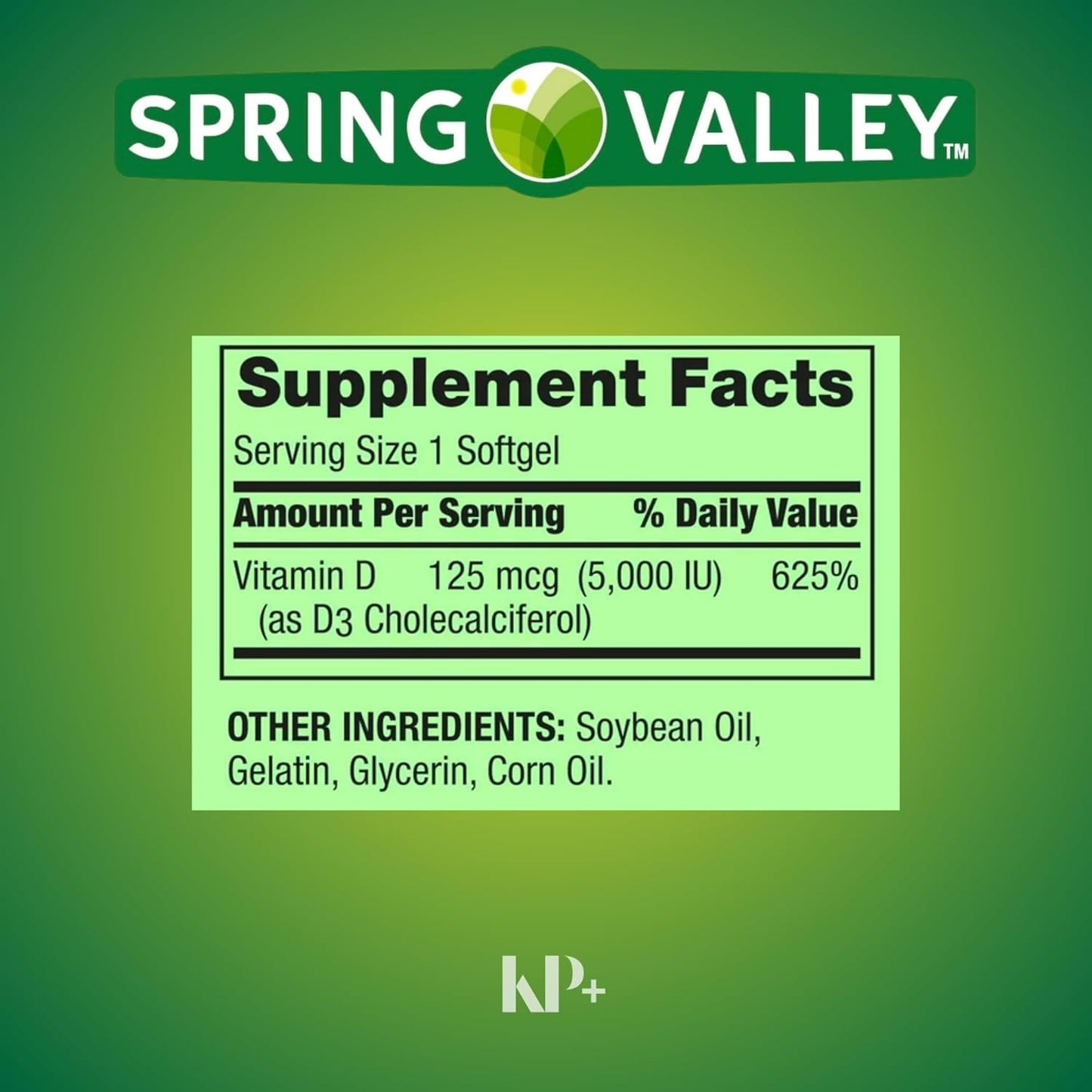 Spring Valley Vitamin D3 Softgels 125MCG 5000 IU, 250 Count with Free KP+ Sticker