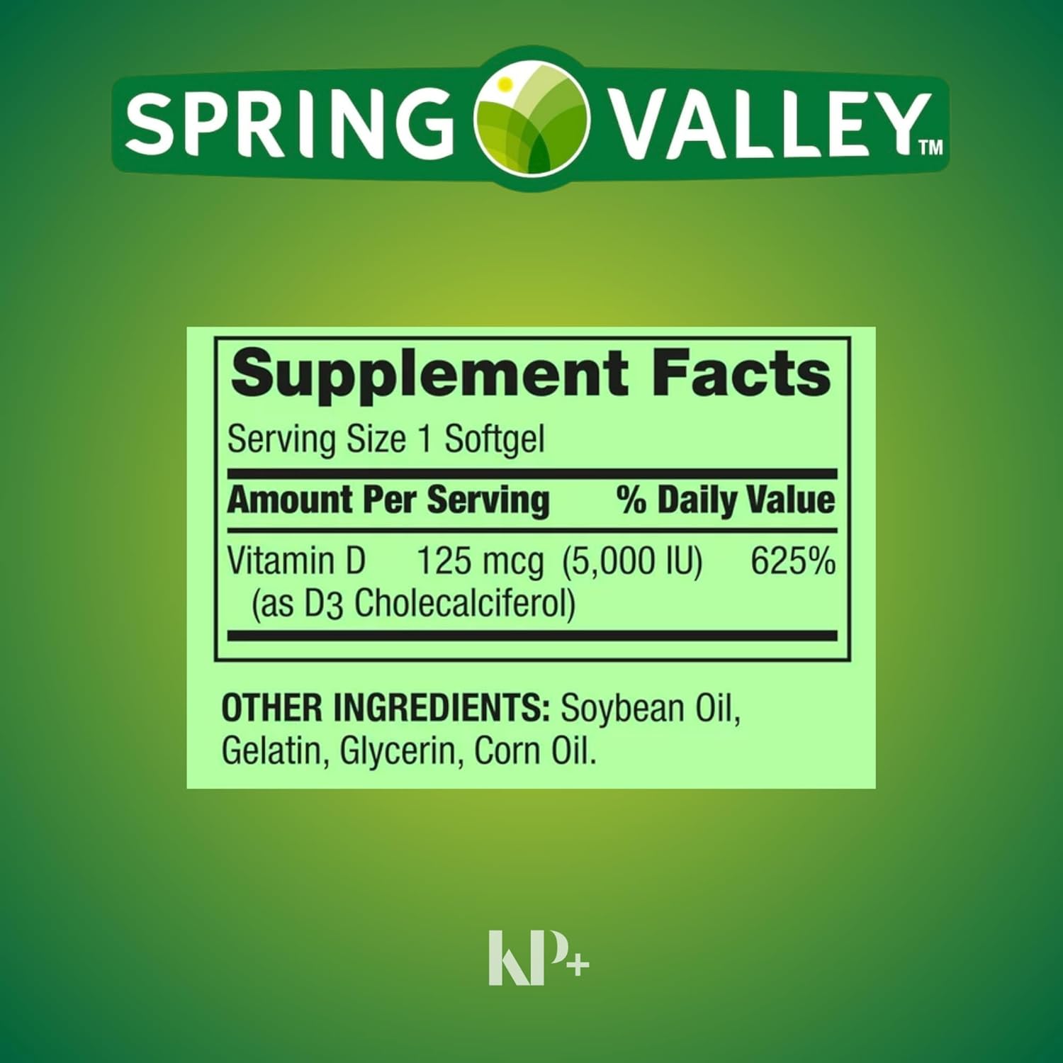 Spring Valley Vitamin D3 Softgels 125MCG 5000 IU, 250 Count with Free KP+ Sticker
