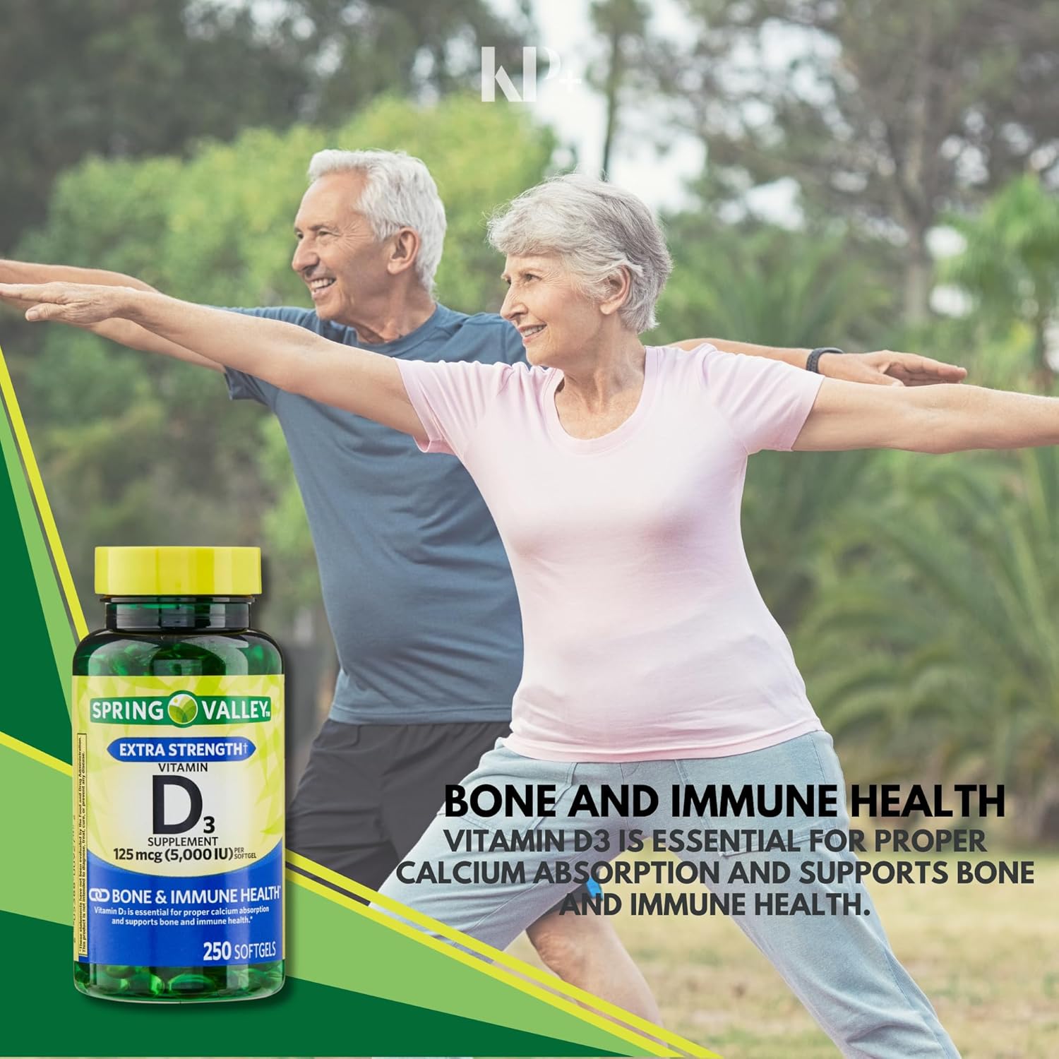 Spring Valley Vitamin D3 Softgels 125MCG 5000 IU, 250 Count with Free KP+ Sticker