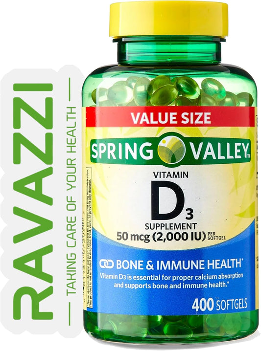 Spring Valley Vitamin D3 Softgels 2000 IU, 400 Count + Ravazzii Sticker - Immune Support Supplement