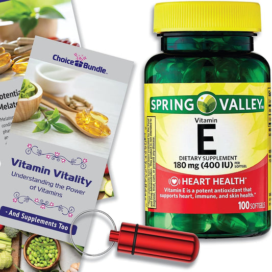 Spring Valley Vitamin E Softgels 180mg (400 IU) 100 CT Bundle with Heart Health Support, Vitamin Vitality Guide, Keychain Pill Container