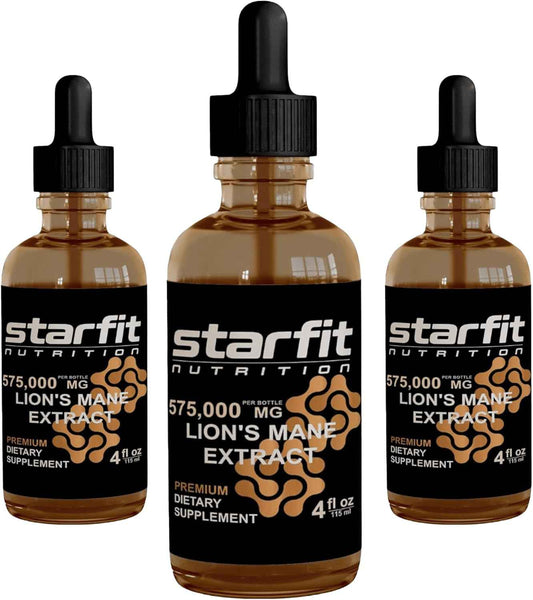 STARFIT - Lion's Mane 575,000 Mg Extract, Lions Mane Liquid Supplement, Lion's Mane Mushroom Extract for Immune Support, Memory Enhancement, and Digestive Health, 4 fl oz (Pack of 3)