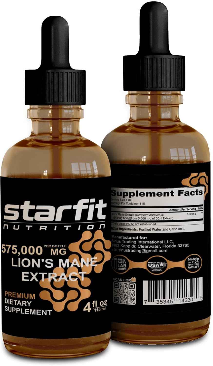 STARFIT - Lion's Mane 575,000 Mg Extract, Lions Mane Liquid Supplement, Lion's Mane Mushroom Extract for Immune Support, Memory Enhancement, and Digestive Health, 4 fl oz (Pack of 3)